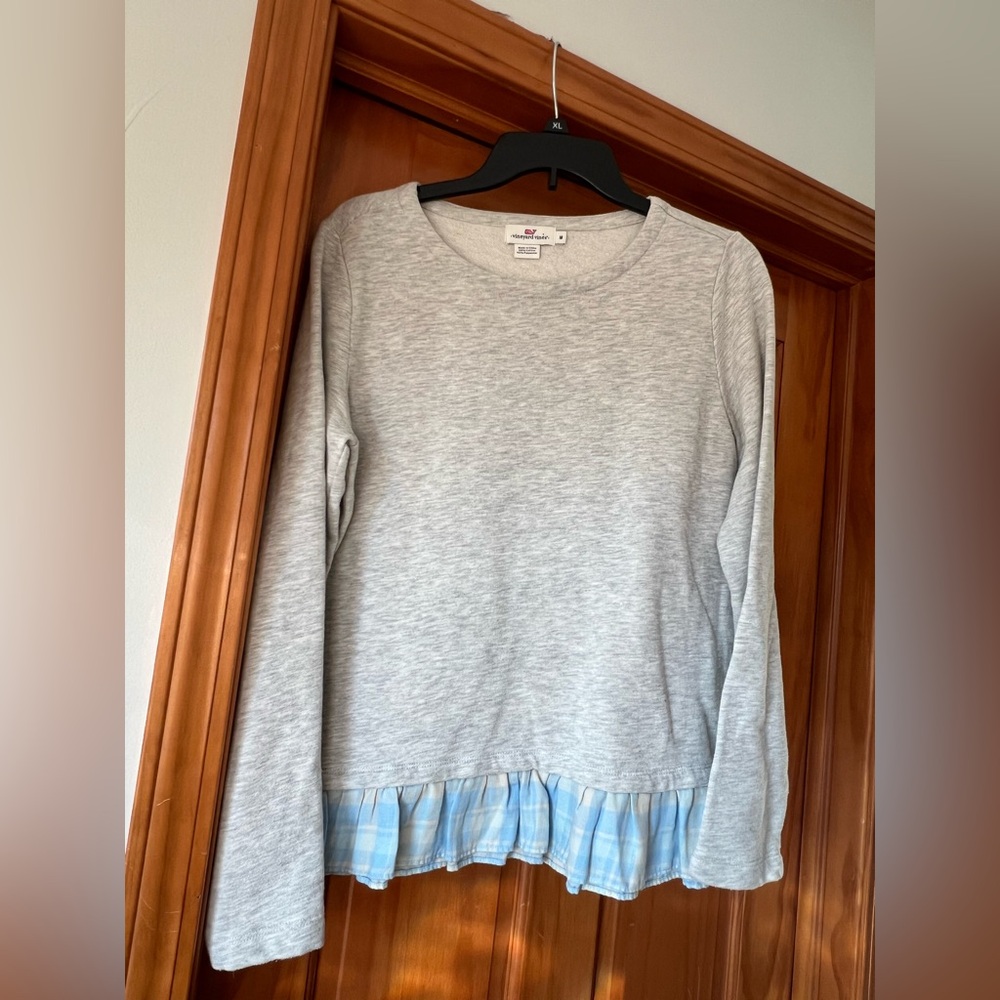 Vineyard Vines Gray Sweater with Blue Plaid Hem